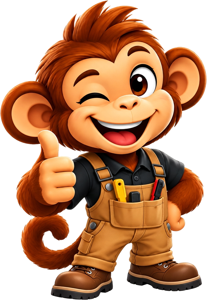 MonkeyLio, the winking monkey assistant in work overalls giving a thumbs up