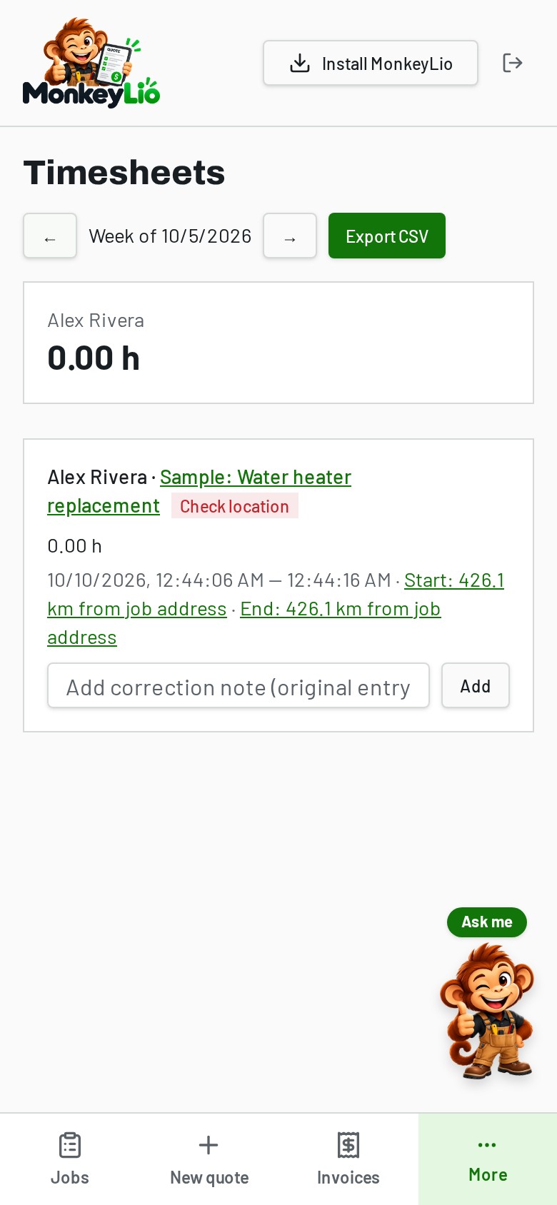 MonkeyLio Timesheets screen