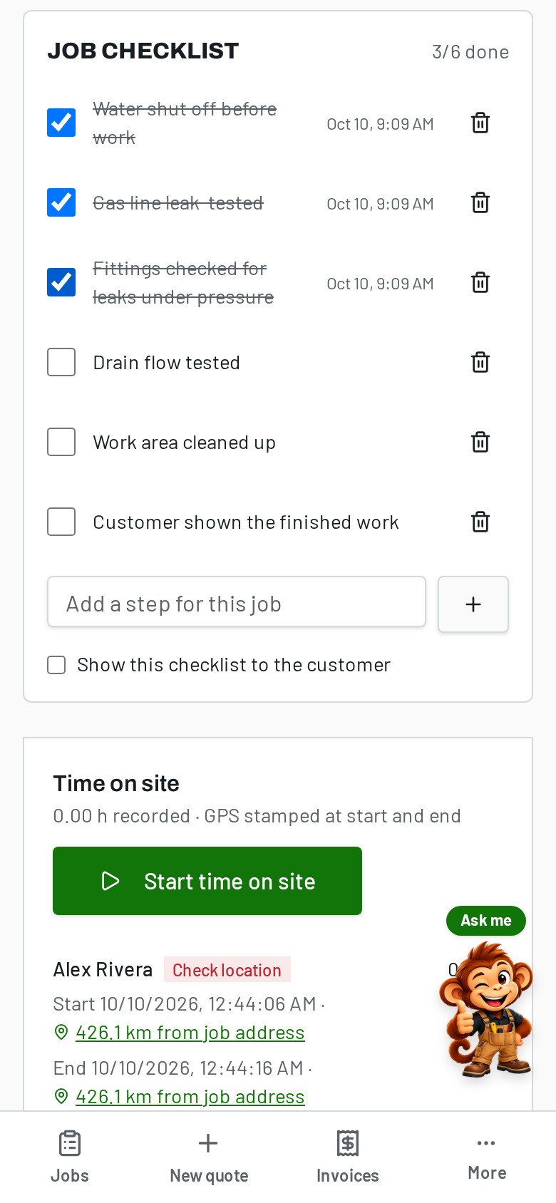 MonkeyLio On-site checklist screen