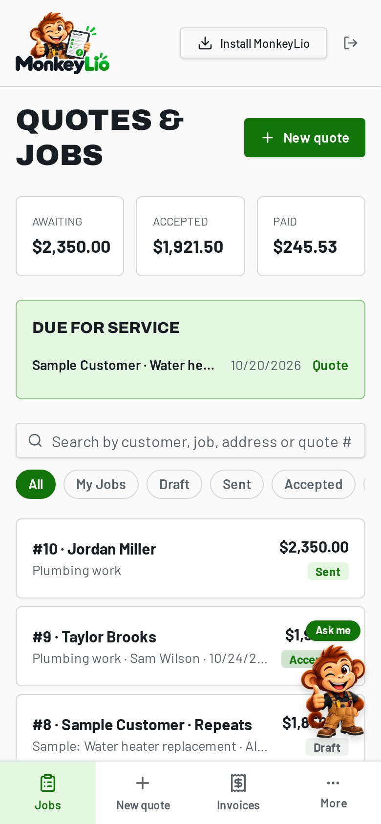 MonkeyLio Quotes & jobs screen