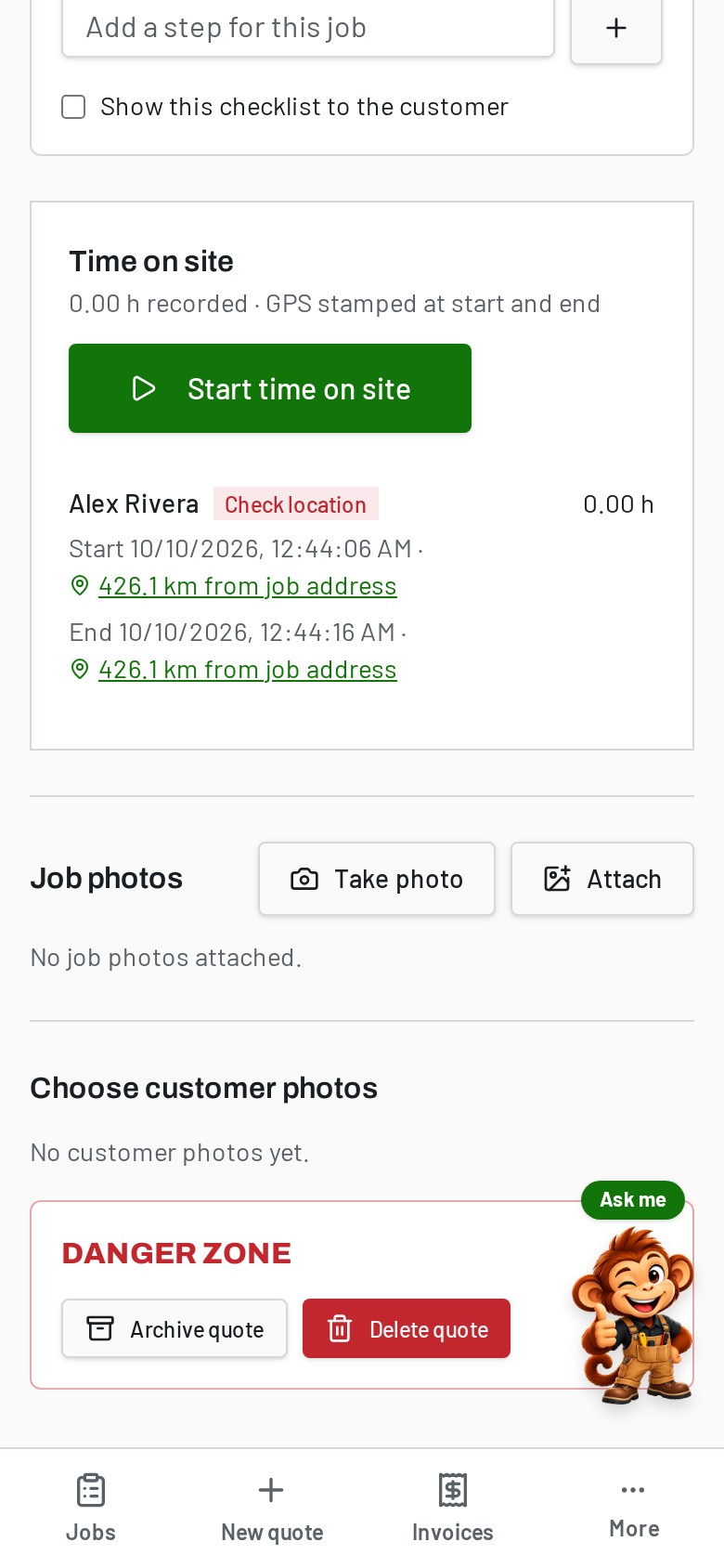MonkeyLio GPS time clock screen