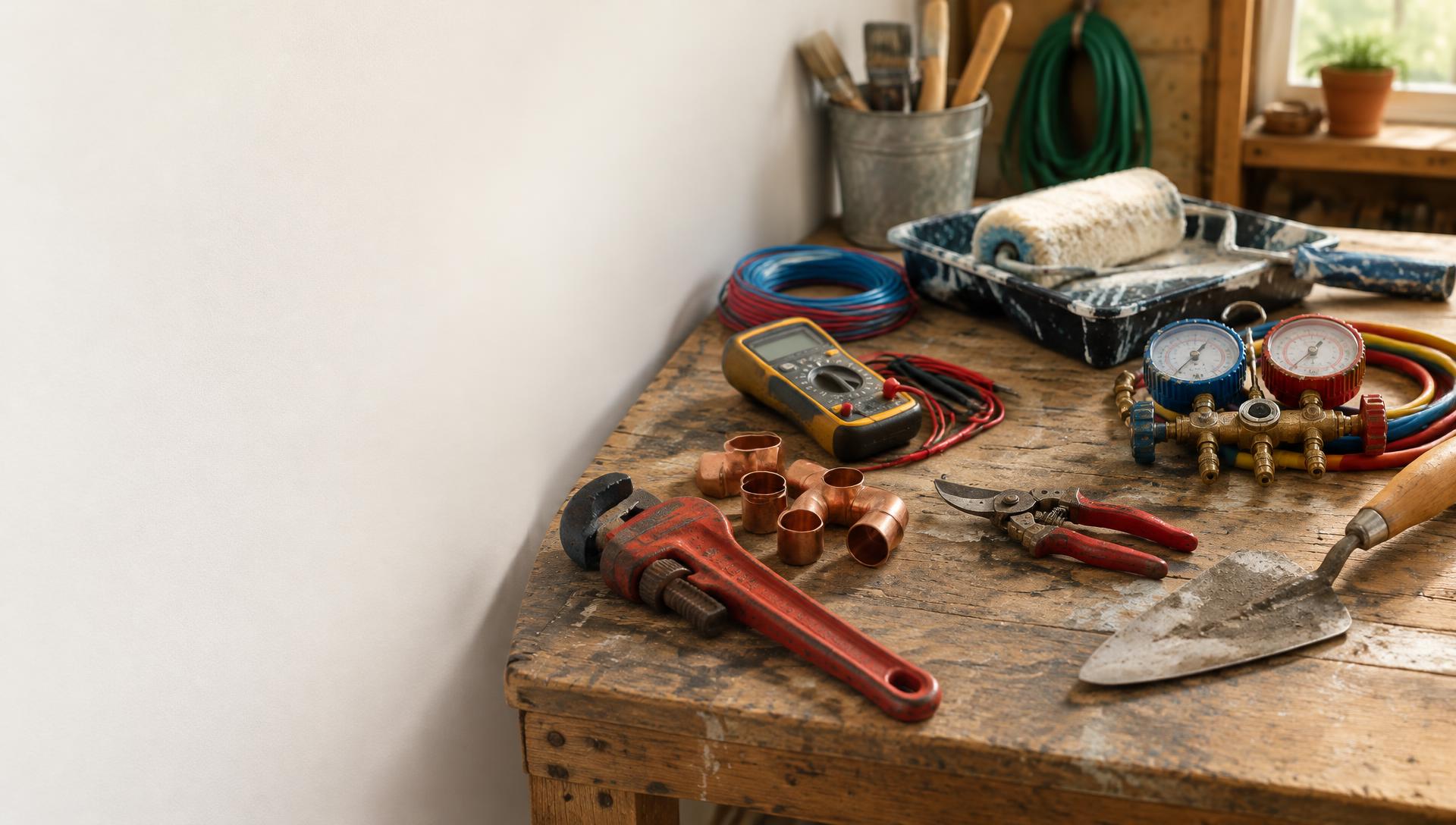 Workbench lined with tools from many different trades