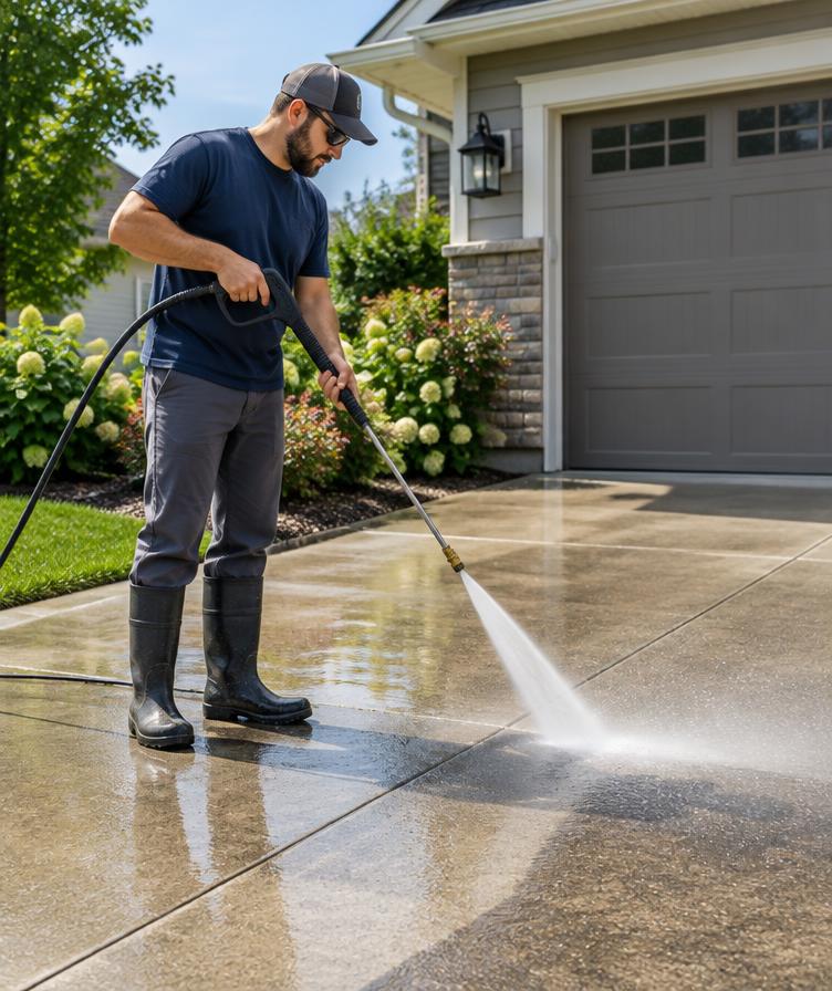 Pressure washing professional at work